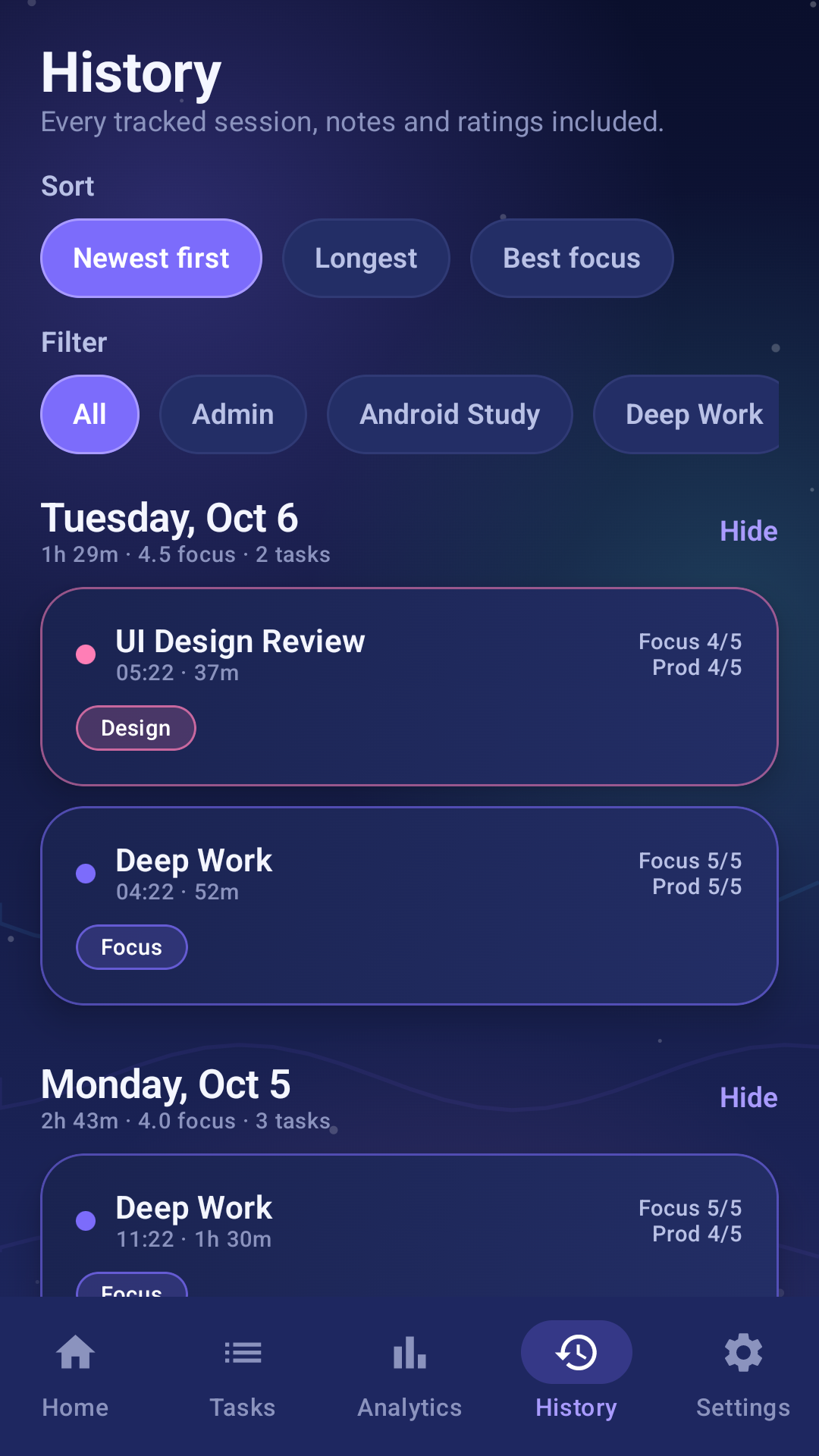 Focus Flow history screen
