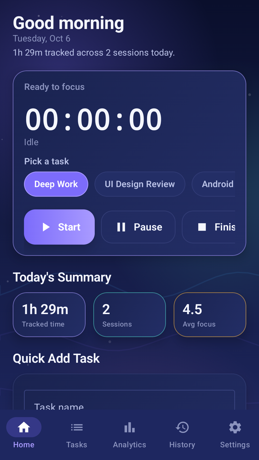 Focus Flow app home screen